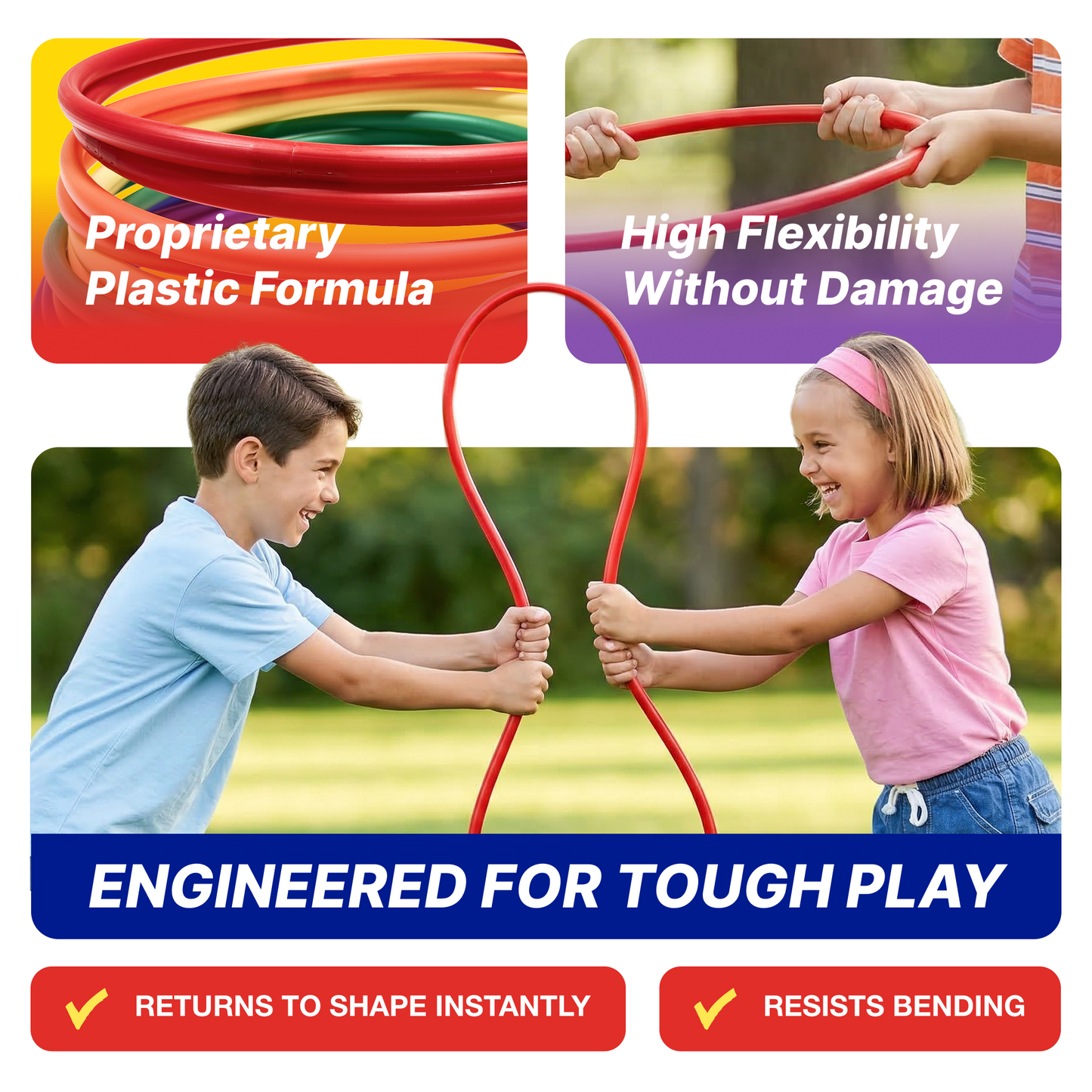 No-Kink Hula Hoops for Kids – Ultra Durable, Lightweight & Flexible, 6 Bright Colors, 12-Pack, Bulk Pack for Play & Fitness