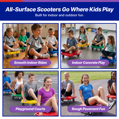 PullBuoy All-Surface Connect-A-Scooter Board for Kids – Indoor & Outdoor PE Gym Scooter, 4" Rubber Wheels, 12" & 16", Set of 6