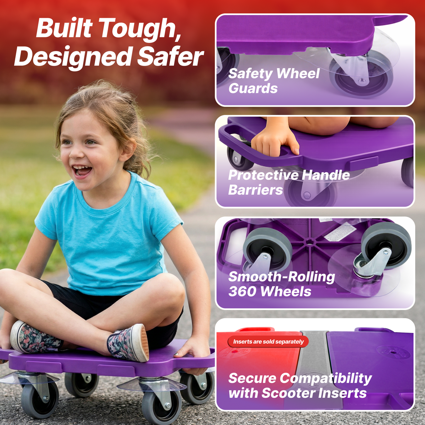 PullBuoy All-Surface Connect-A-Scooter Board for Kids – Indoor & Outdoor PE Gym Scooter, 4" Rubber Wheels, 12" & 16", Set of 6