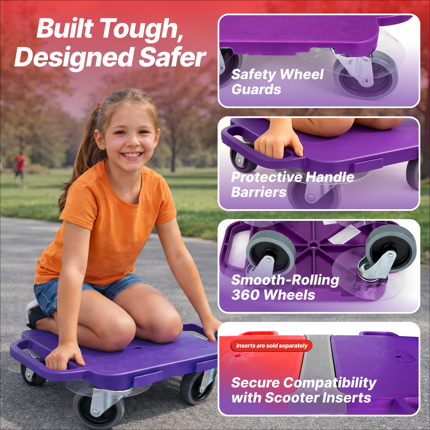 PullBuoy All-Surface Connect-A-Scooter Board for Kids – Indoor & Outdoor PE Gym Scooter, 4" Rubber Wheels, 12" & 16", Set of 6