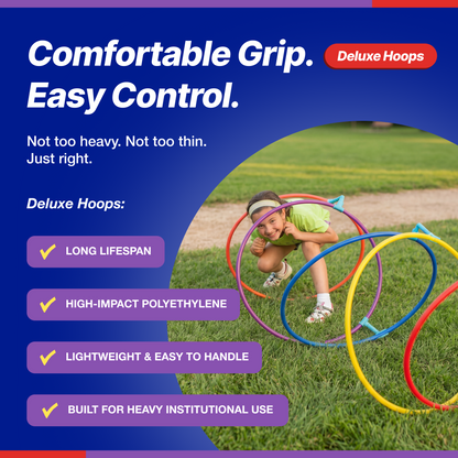 Deluxe Hula Hoops for Kids – Durable, Lightweight & Flexible, 6 Bright Colors, 12-Pack, Bulk Pack for Play & Fitness