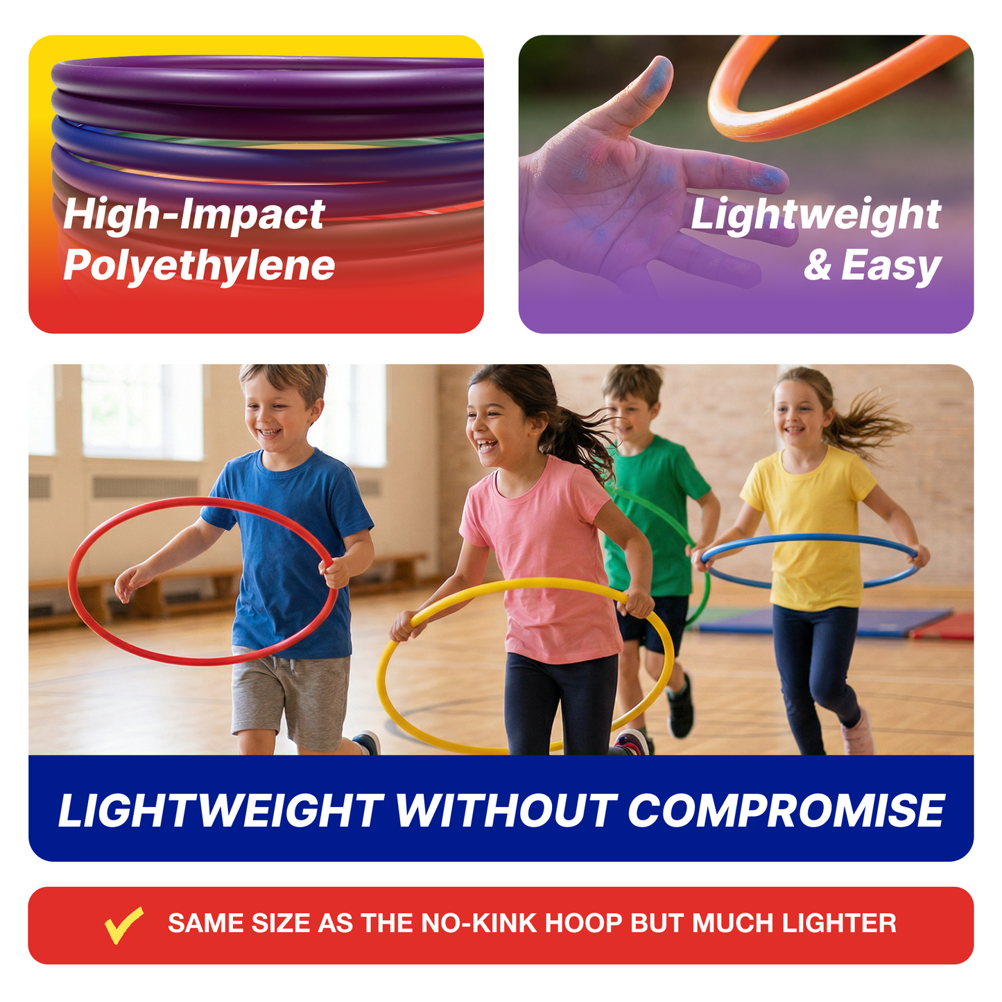 Deluxe Hula Hoops for Kids – Durable, Lightweight & Flexible, 6 Bright Colors, 12-Pack, Bulk Pack for Play & Fitness