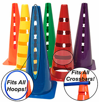 Set of six slotcones in rainbow colors with pull outs stating fits all hoops and fits all crossbars