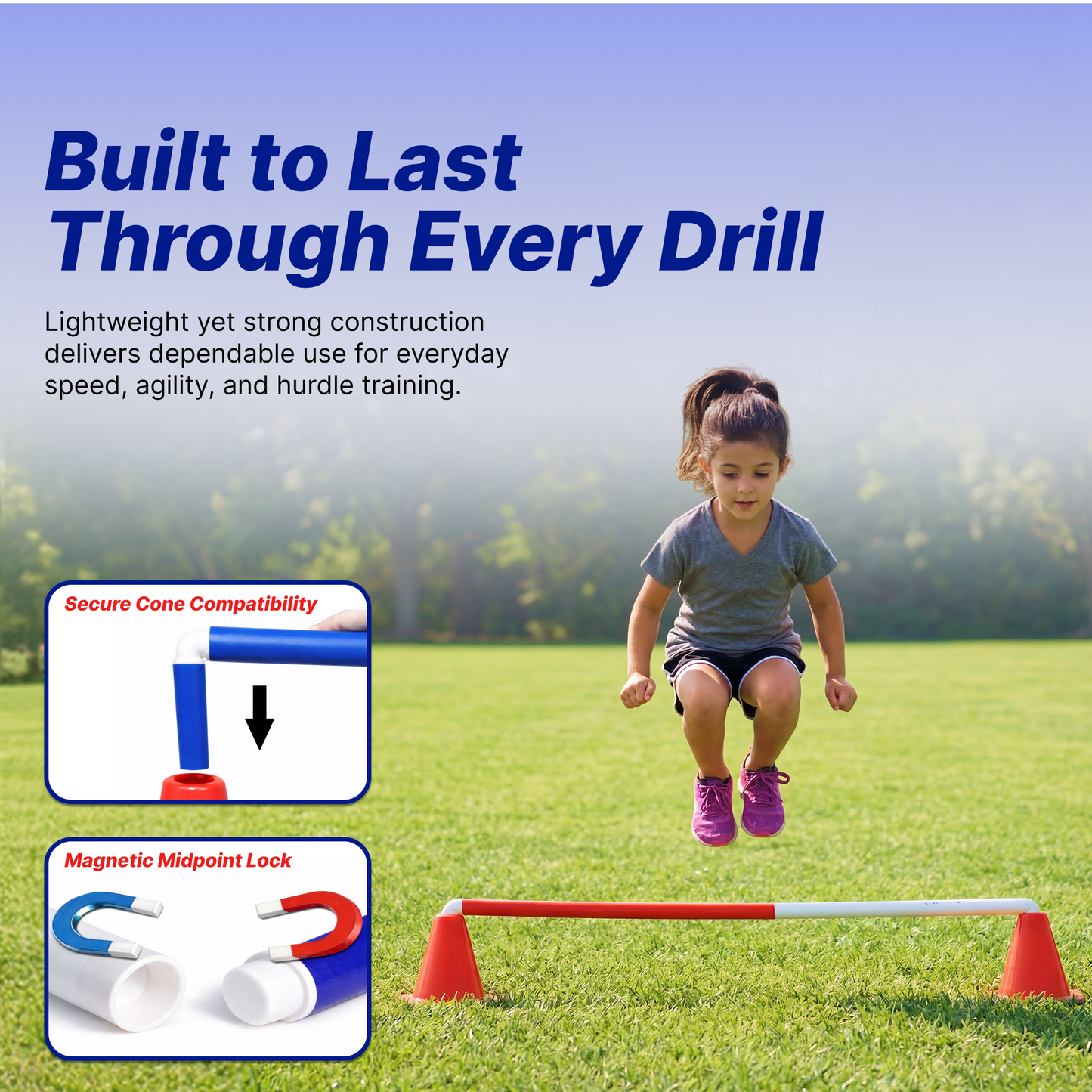 Drop-In Breakaway ConeCrossbars - Magnetic Agility Training Bars for Cones, 1” x 40” High Impact Plastic  (Set of 6)