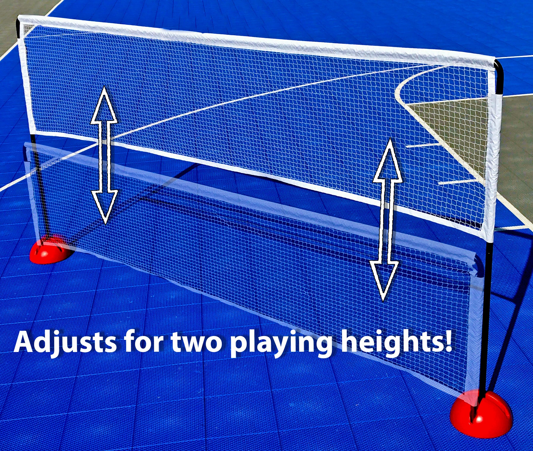 Badminton style net that can also serve as a tennis net using red multidomes as a base, on blue sport court. Text reads, adjusts for two playing heights!