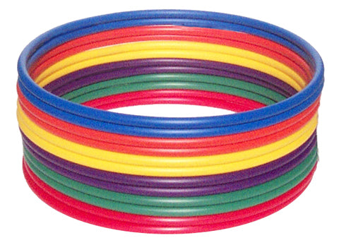 A dozen no-kink hula hoops in rainbow colors two of each color